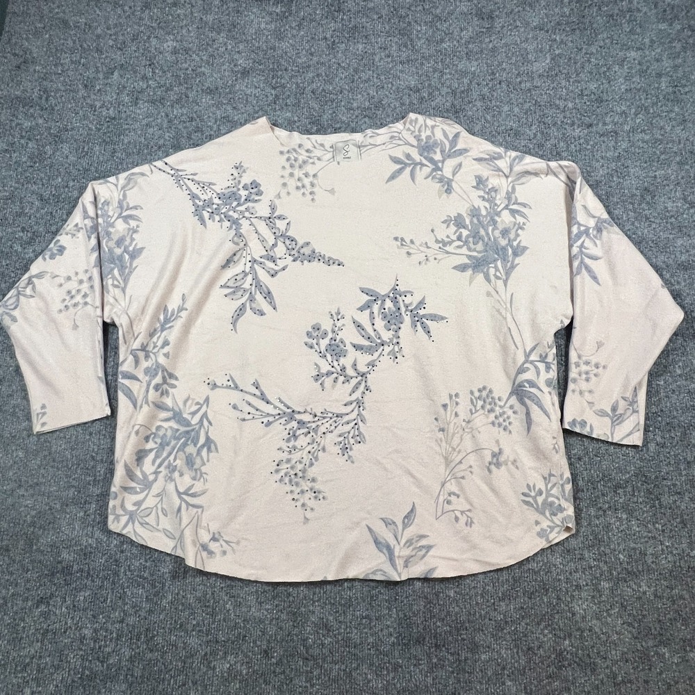 Sioni Pullover Sweater Womens 2X Beige Gray Rayon Floral Print Crew Neck Casual